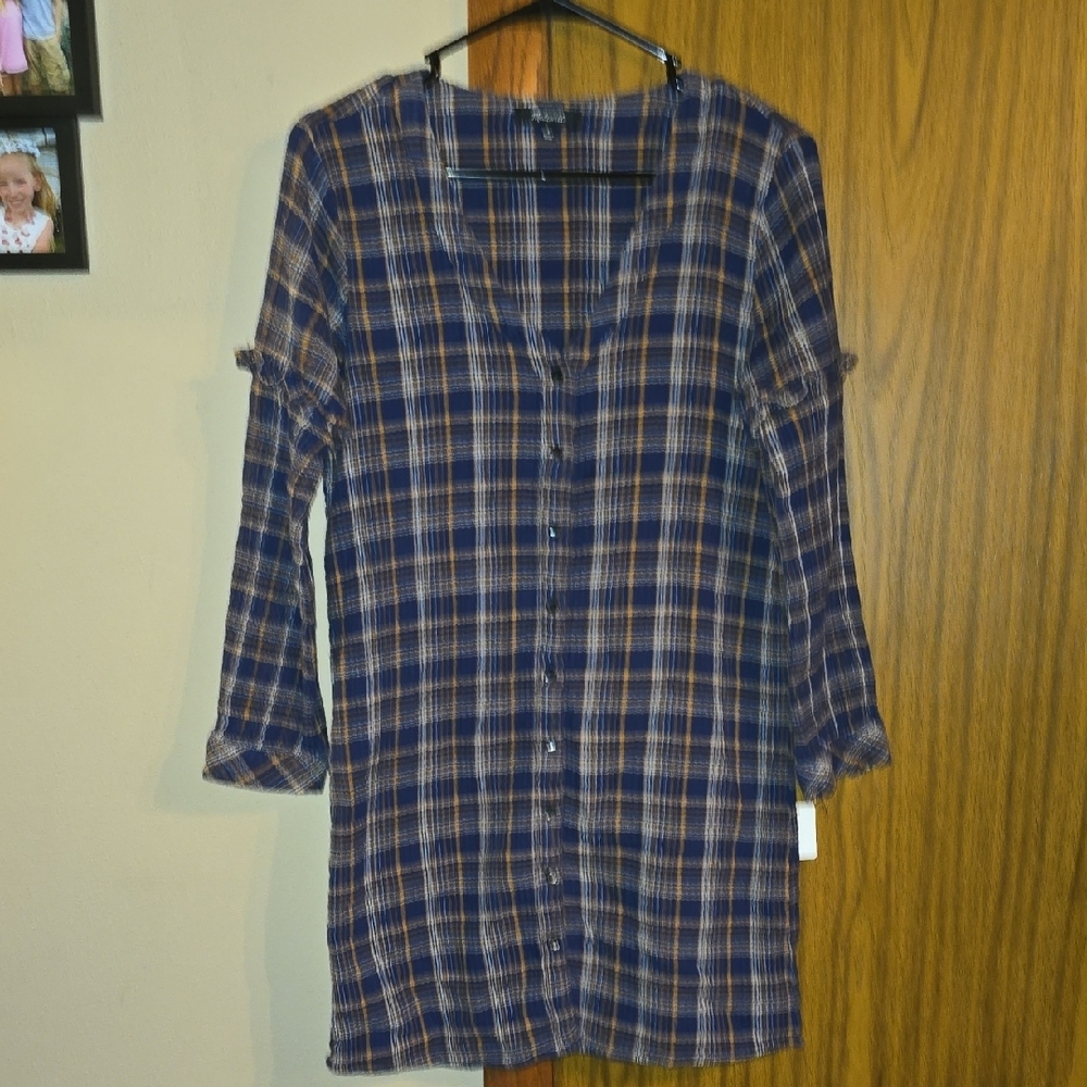 Madewell Blue and Gray Cuffed Sleeve Button Down Dress